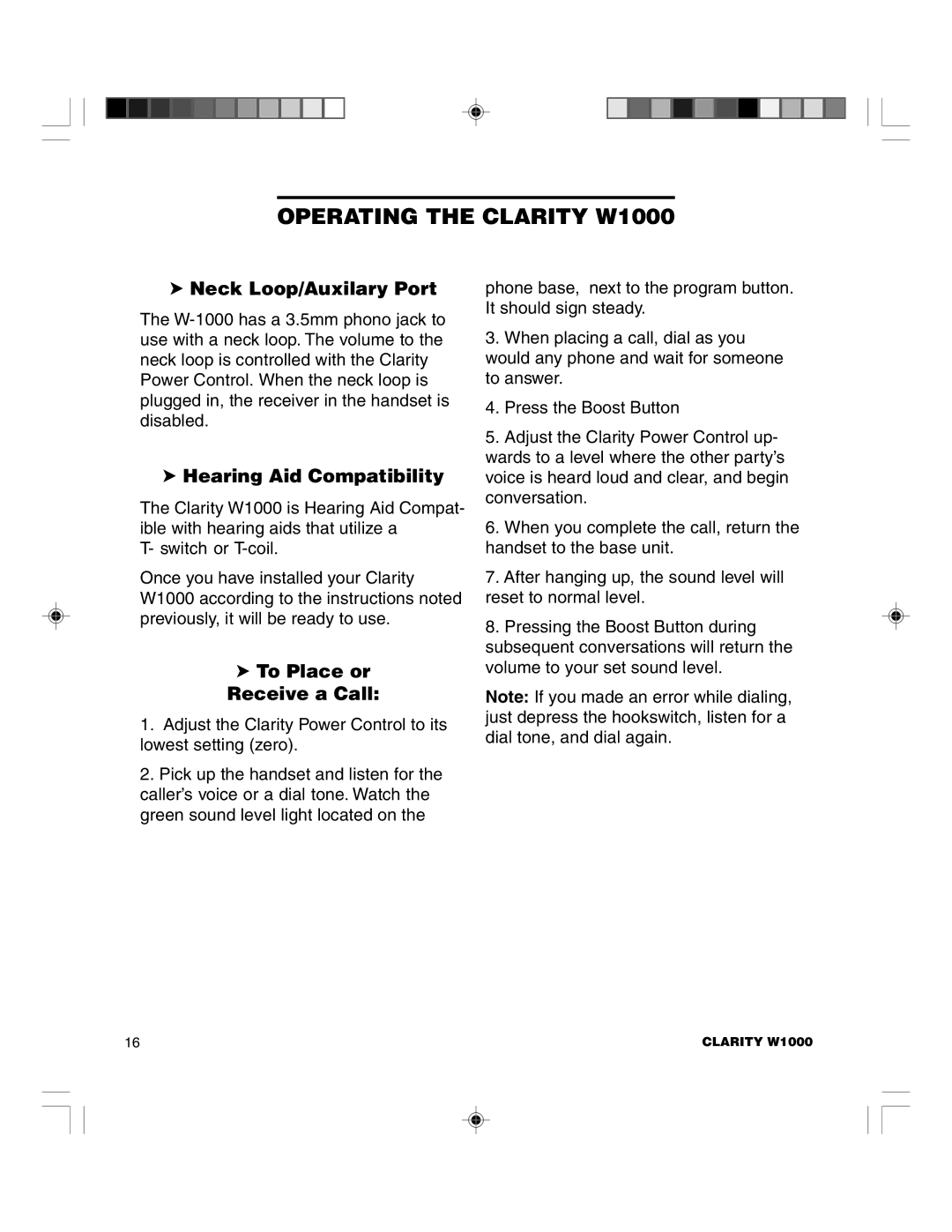 Clarity TELEPHONE W1000 manual Operating the Clarity W1000, Neck Loop/Auxilary Port, Hearing Aid Compatibility 