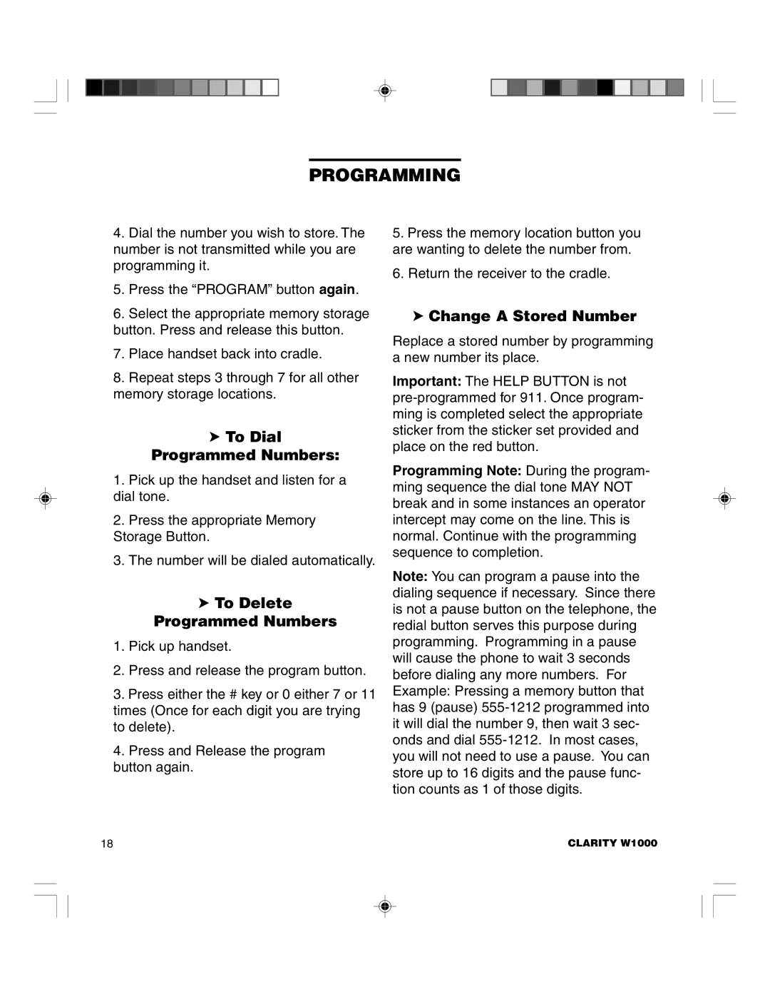 Clarity TELEPHONE W1000 Programming, To Dial Programmed Numbers, To Delete Programmed Numbers, Change a Stored Number 