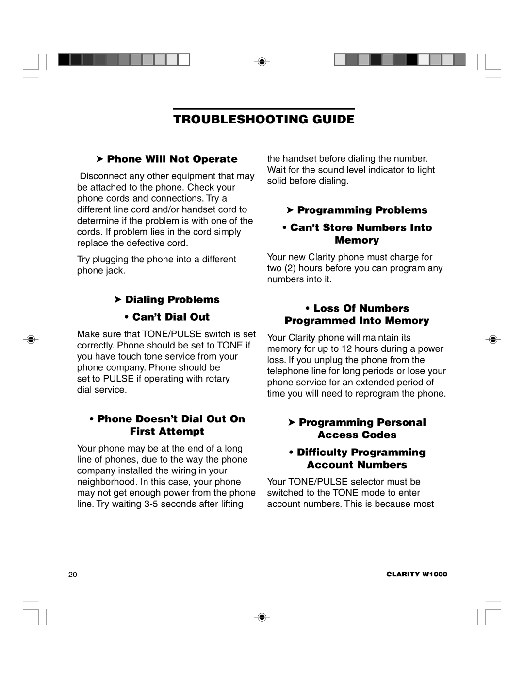 Clarity TELEPHONE W1000 manual Troubleshooting Guide 