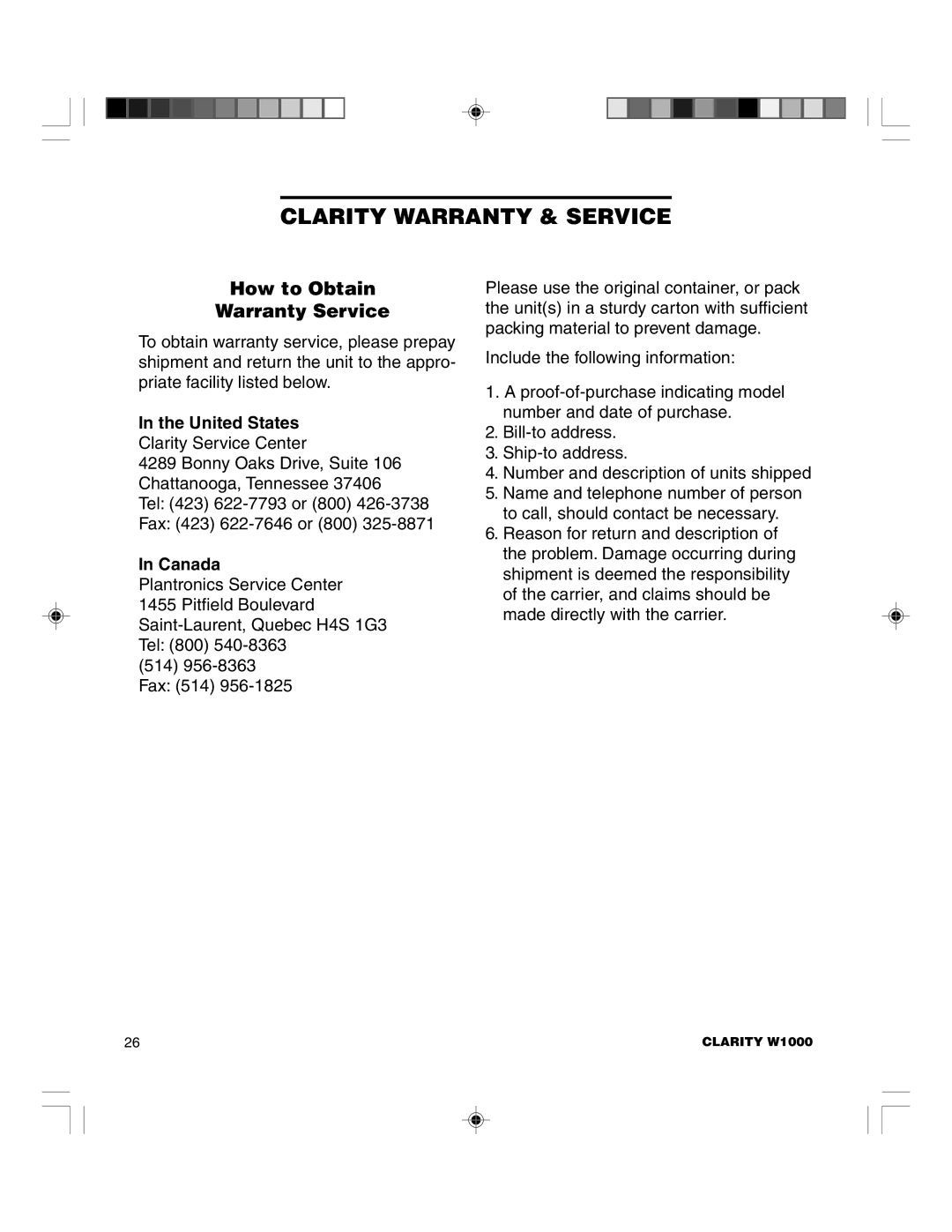 Clarity TELEPHONE W1000 manual How to Obtain Warranty Service, United States, Canada 