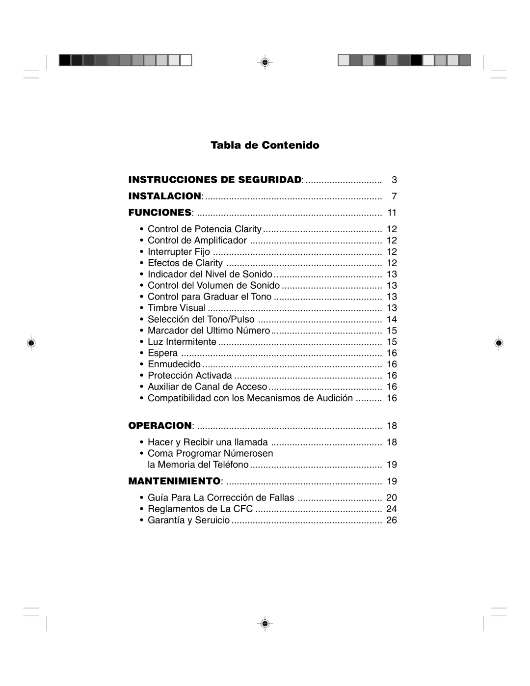 Clarity TELEPHONE W1000 manual Tabla de Contenido, Instrucciones DE Seguridad Instalacion Funciones 