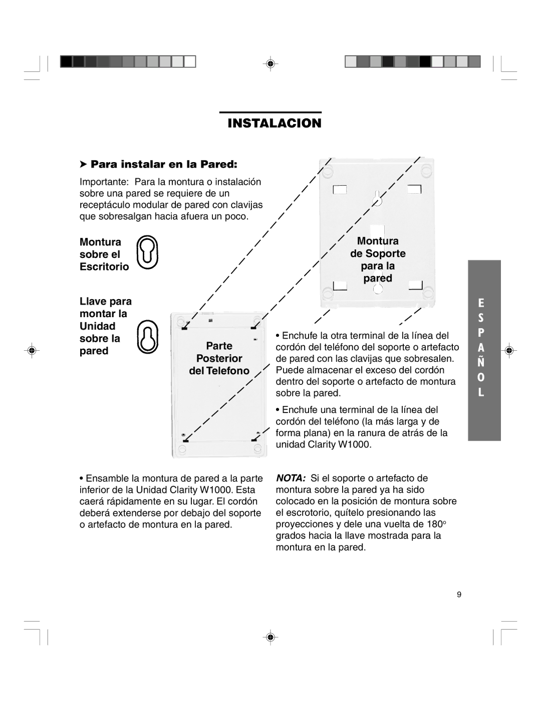 Clarity TELEPHONE W1000 manual Para instalar en la Pared, Montura De Soporte Para la Pared 