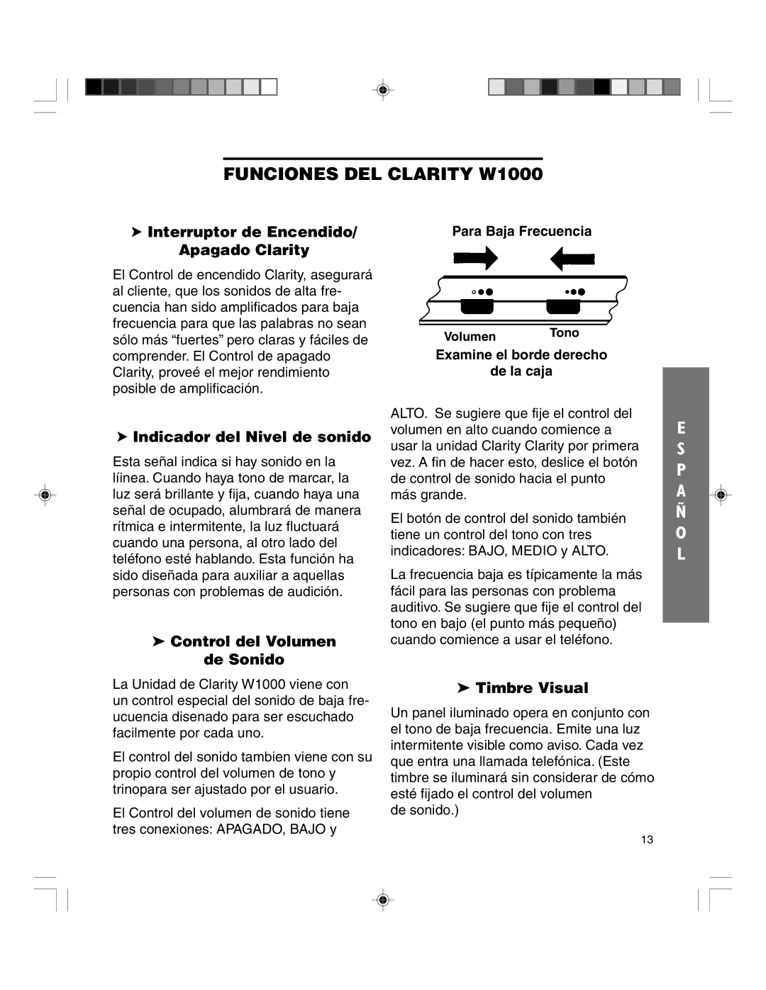 Clarity TELEPHONE W1000 manual Interruptor de Encendido/ Apagado Clarity, Indicador del Nivel de sonido, Timbre Visual 