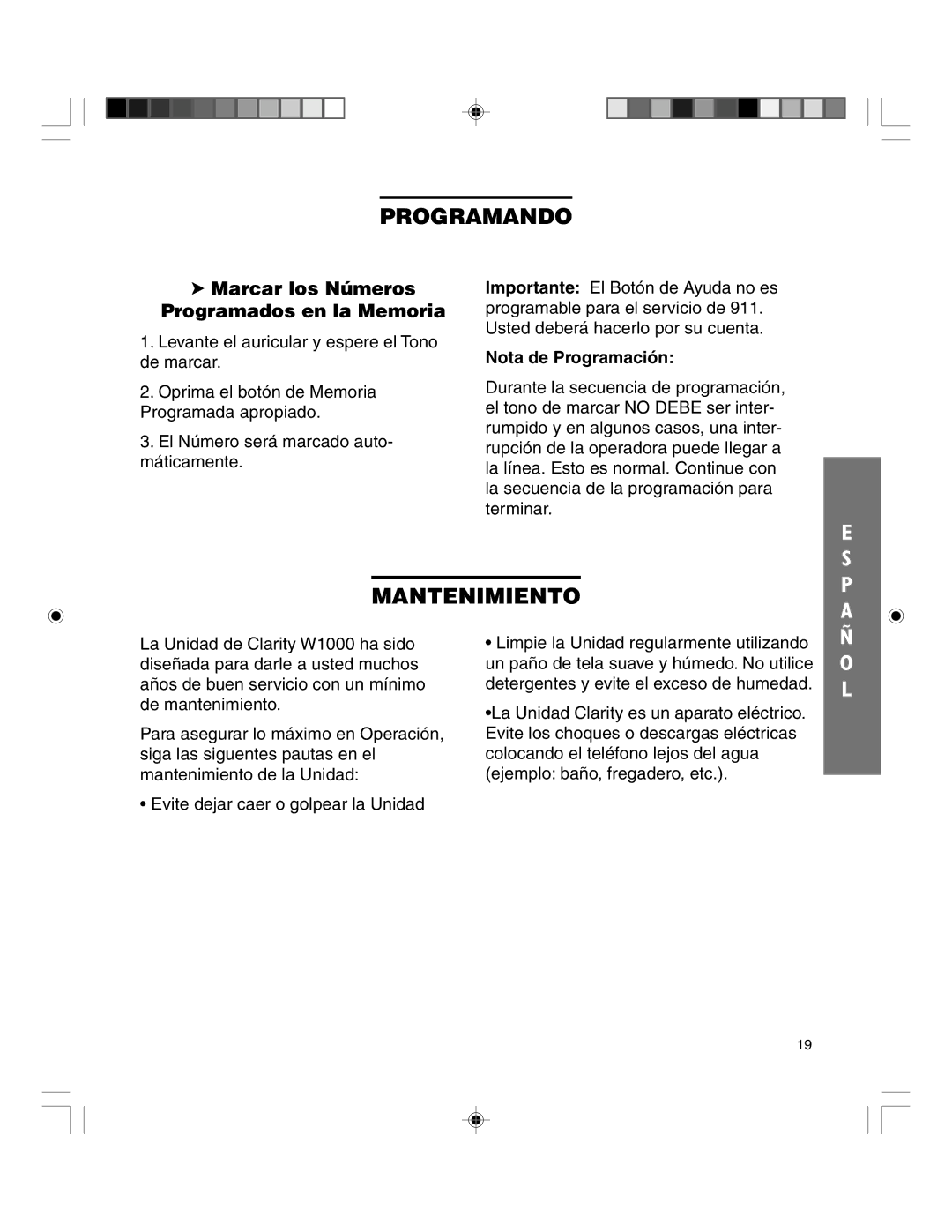 Clarity TELEPHONE W1000 Programando, Mantenimiento, Marcar los Nœmeros Programados en la Memoria, Nota de Programación 