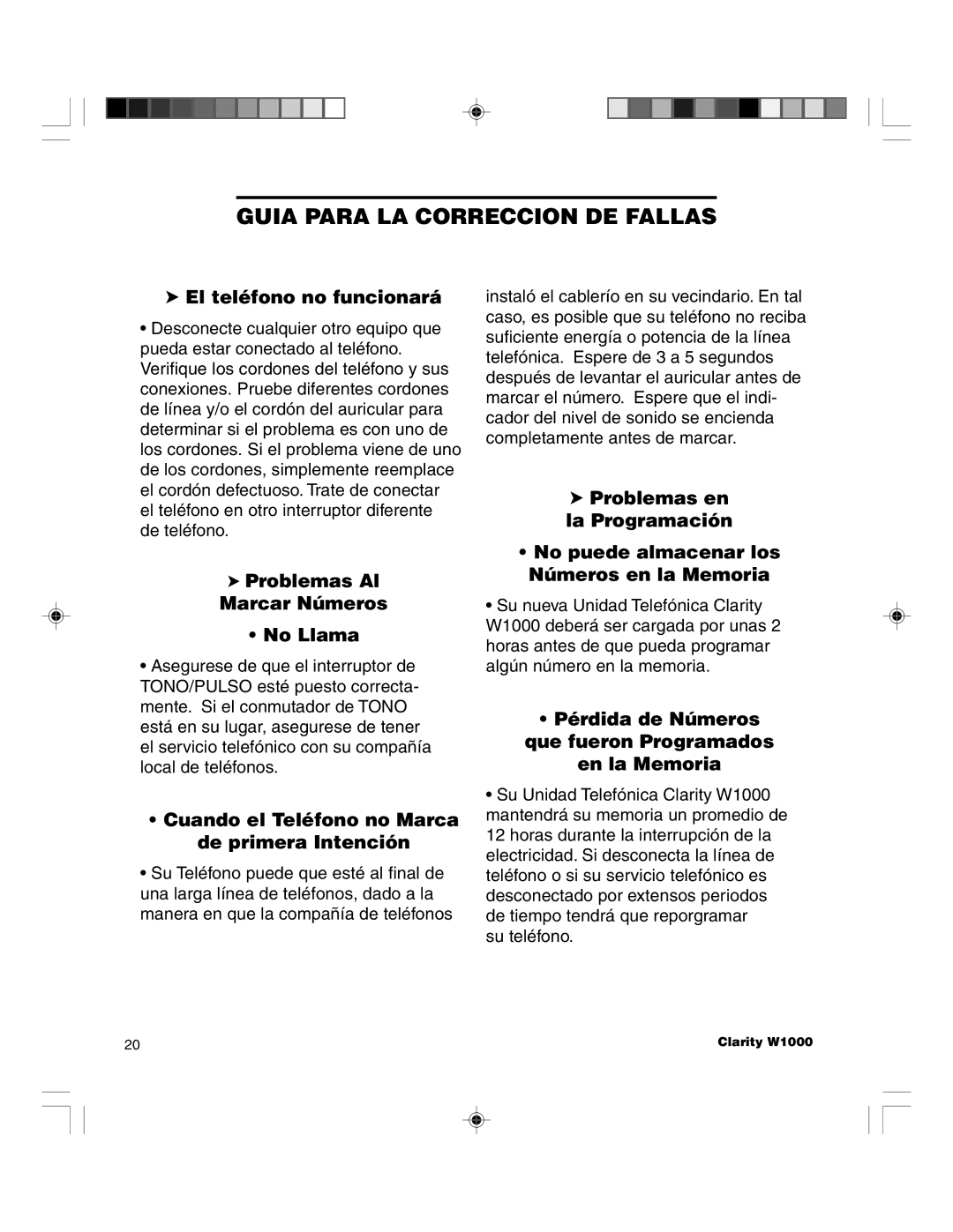 Clarity TELEPHONE W1000 manual Guia Para LA Correccion DE Fallas, El telŽfono no funcionar‡ 