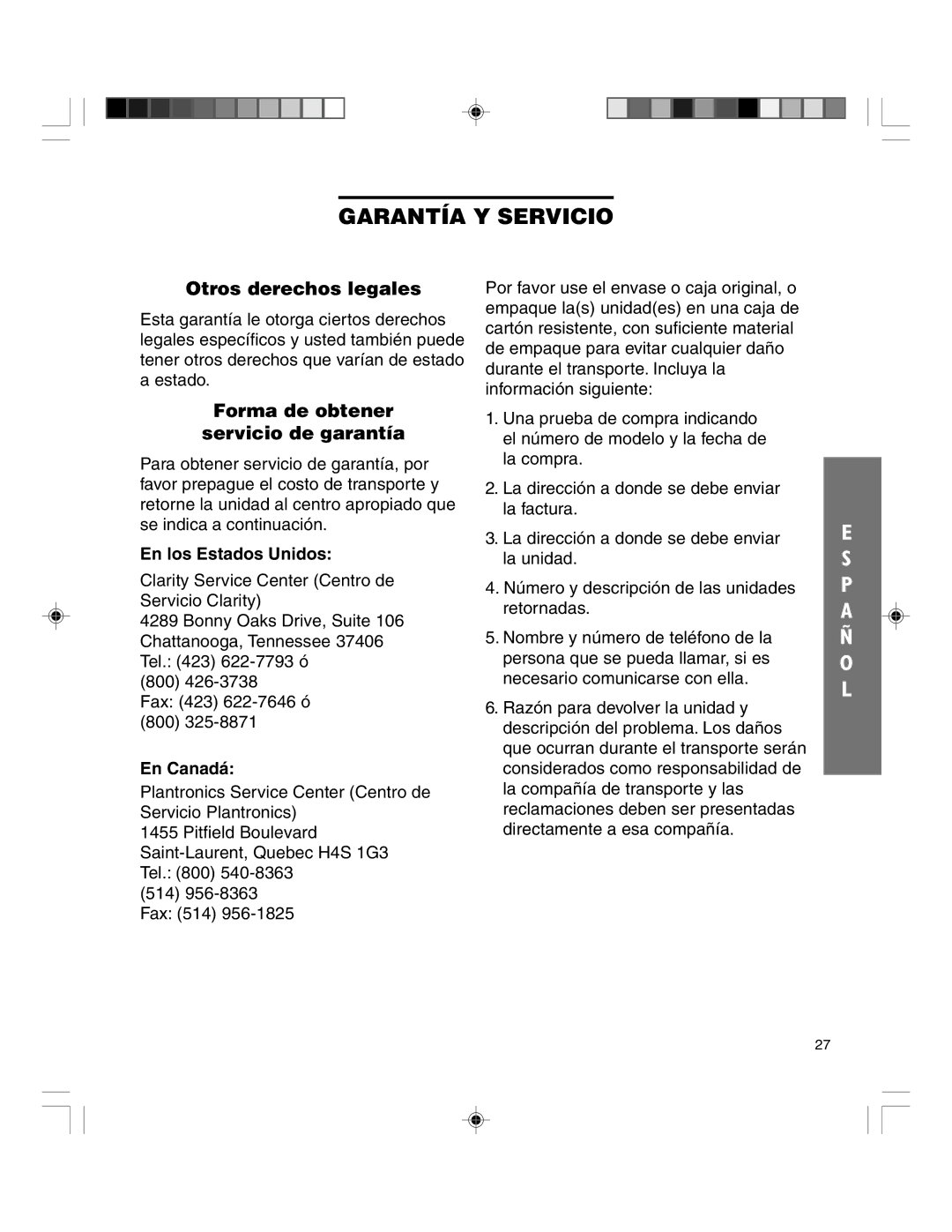 Clarity TELEPHONE W1000 Otros derechos legales, Forma de obtener Servicio de garant’a, En los Estados Unidos, En Canadá 