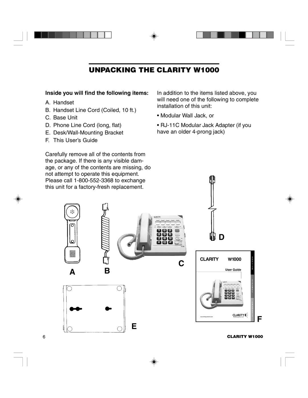 Clarity TELEPHONE W1000 manual Unpacking the Clarity W1000, Inside you will find the following items 