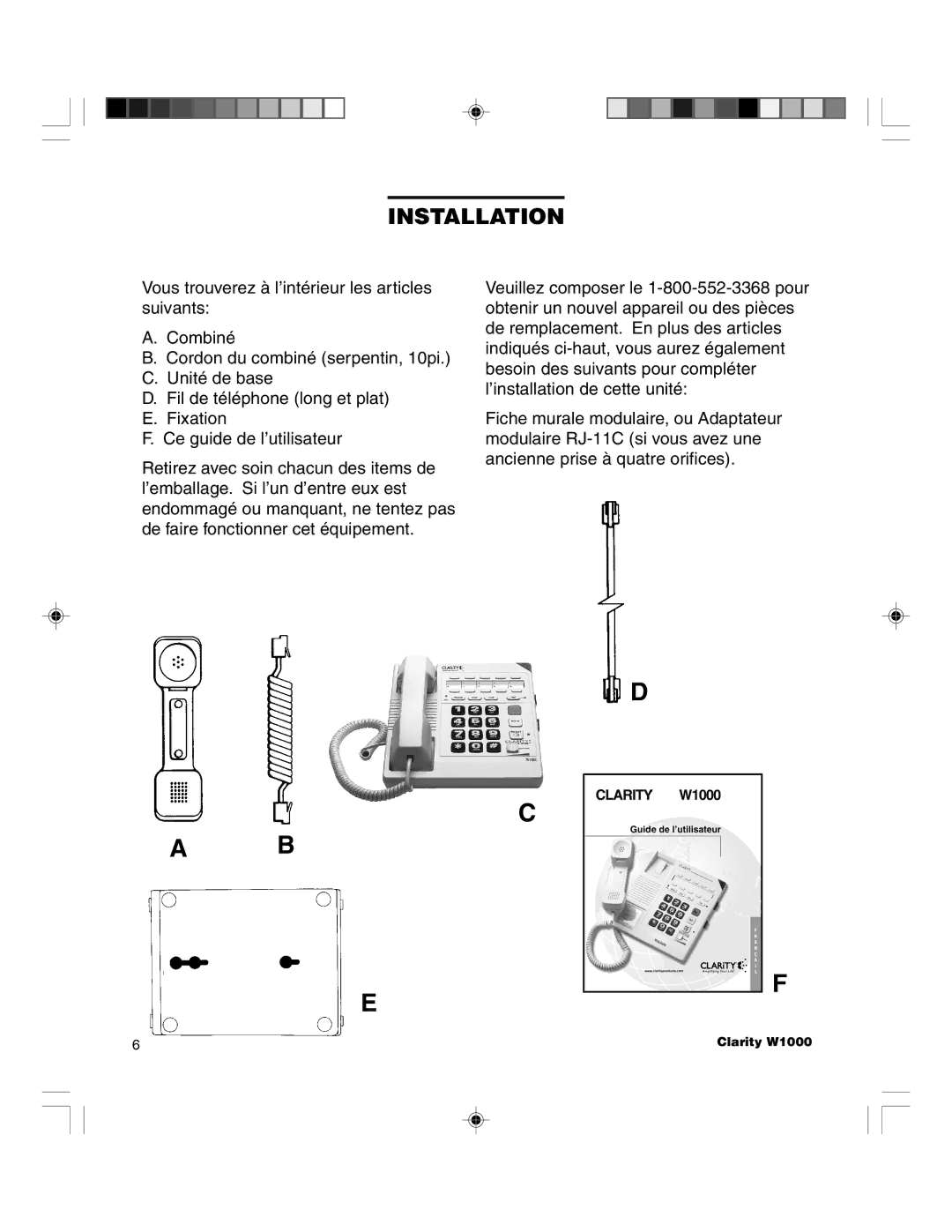 Clarity TELEPHONE W1000 manual Installation 