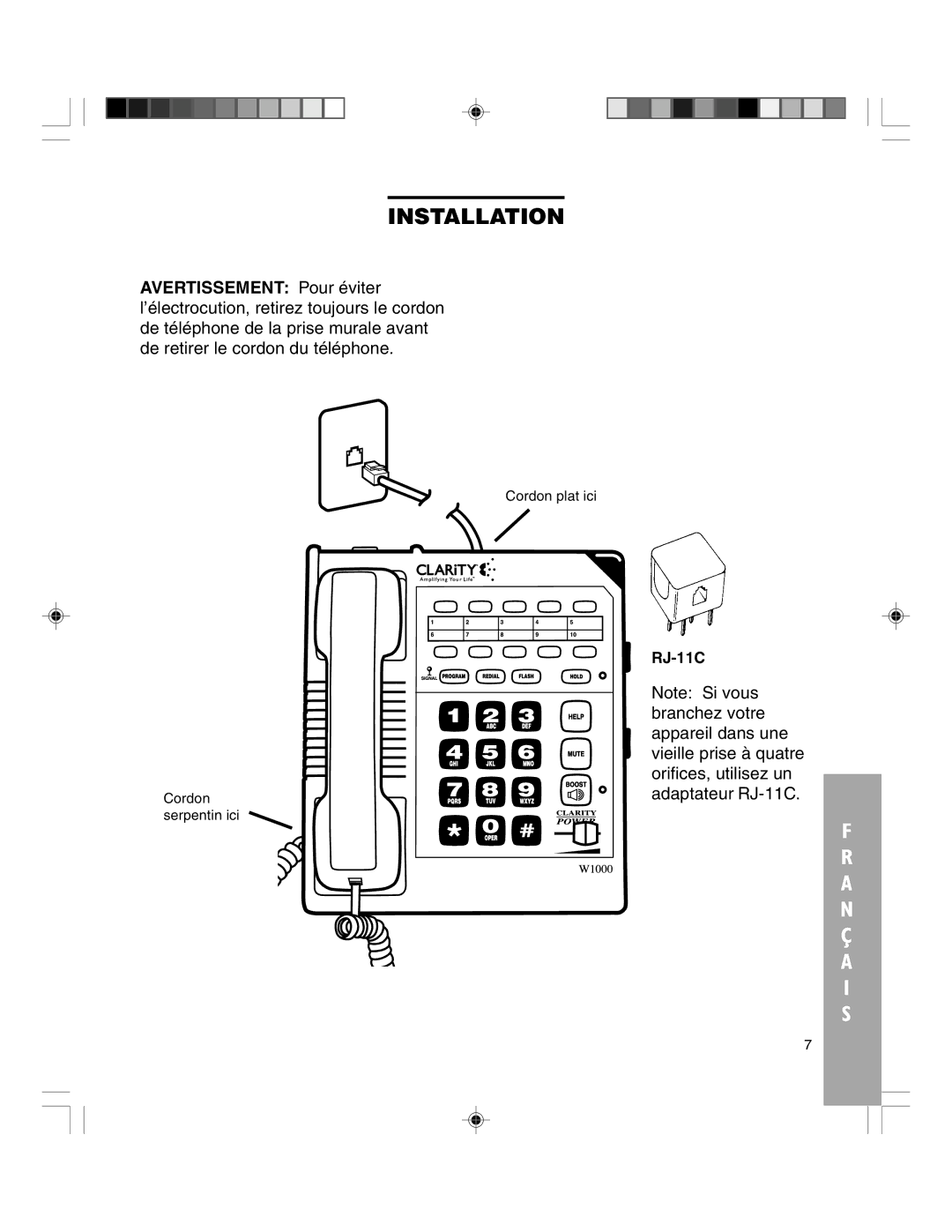 Clarity TELEPHONE W1000 manual RJ-11C 