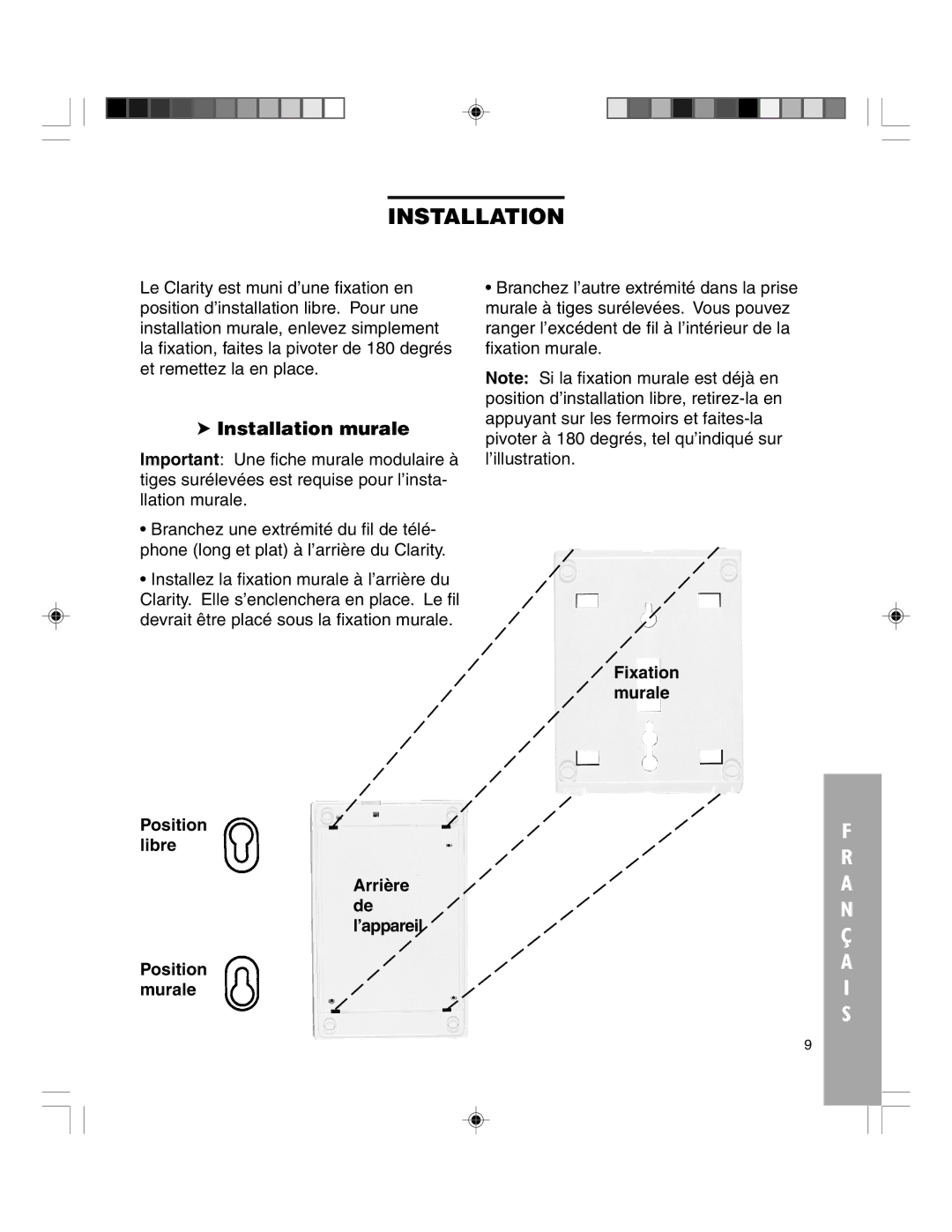 Clarity TELEPHONE W1000 manual Installation murale 