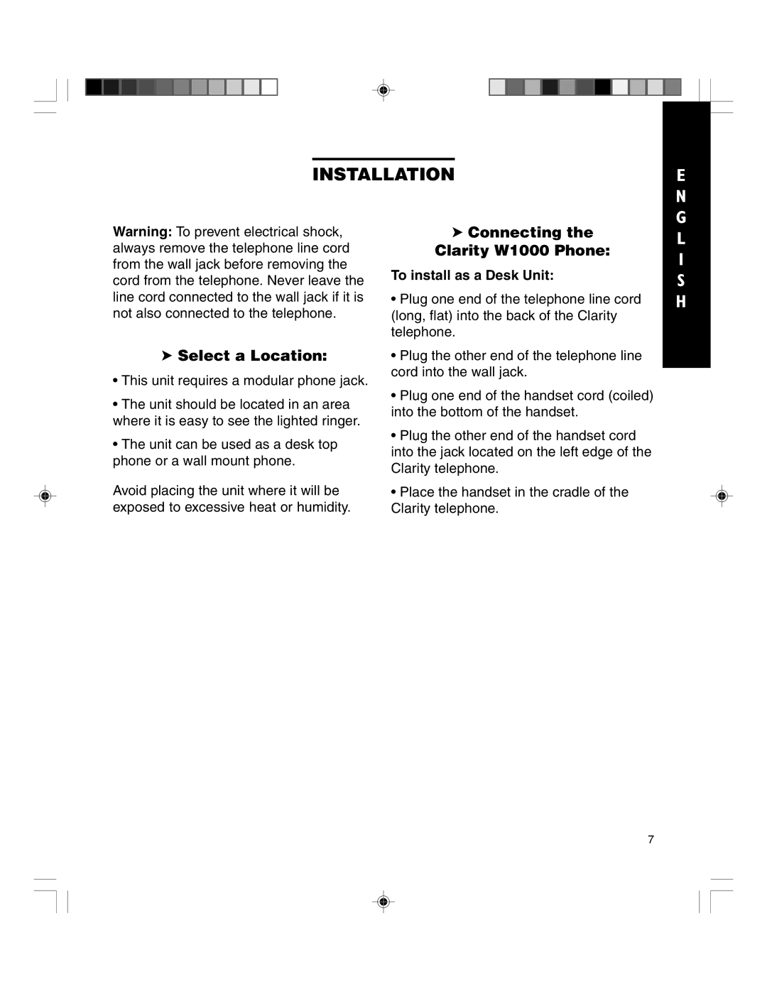 Clarity TELEPHONE W1000 Installation, Select a Location, Connecting the Clarity W1000 Phone, To install as a Desk Unit 