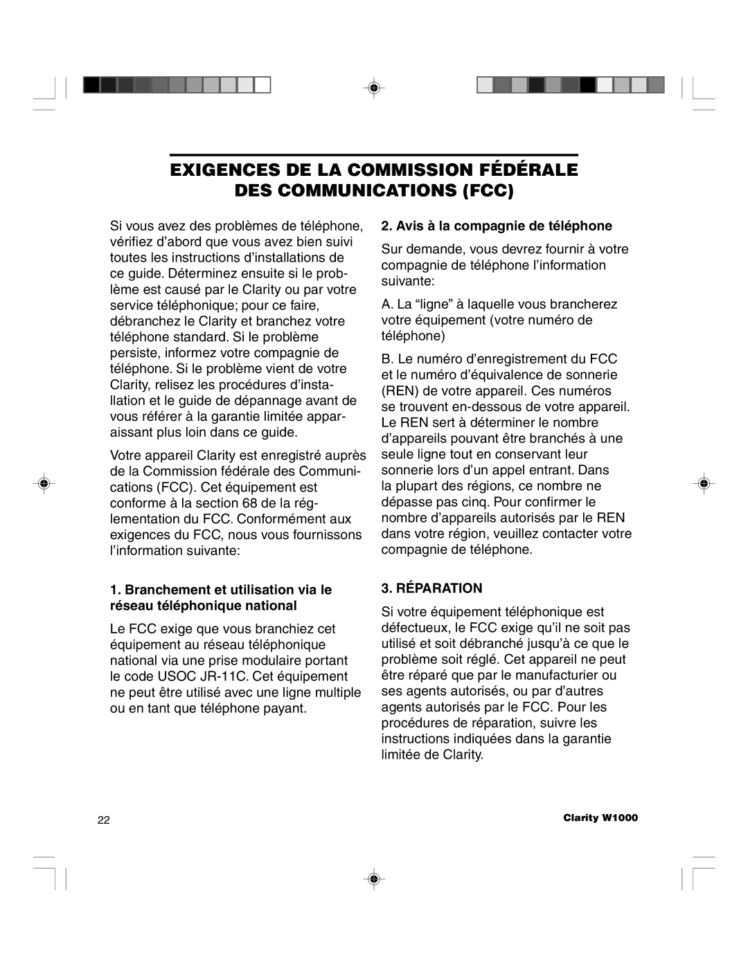 Clarity TELEPHONE W1000 manual DES Communications FCC, Avis à la compagnie de téléphone 