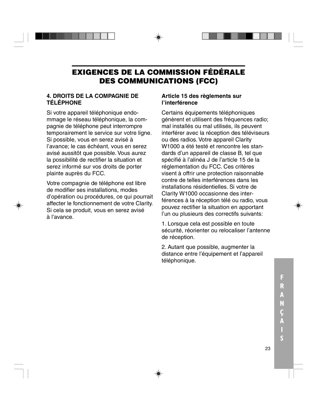 Clarity TELEPHONE W1000 manual Droits DE LA Compagnie DE Téléphone, Article 15 des règlements sur l’interférence 