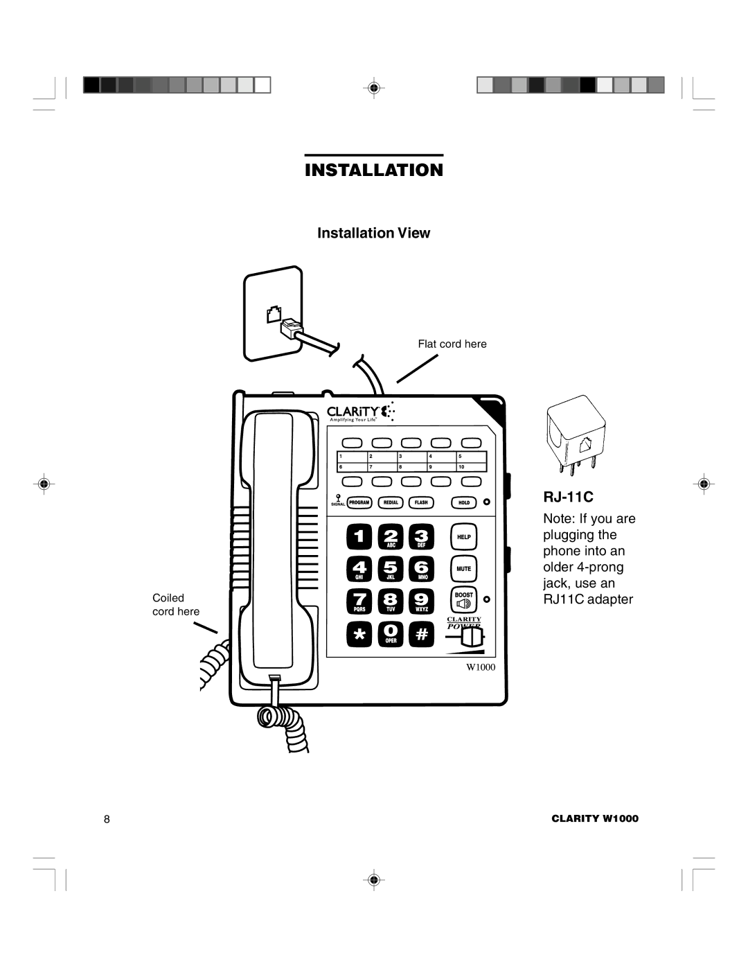 Clarity TELEPHONE W1000 manual Installation View, RJ-11C 