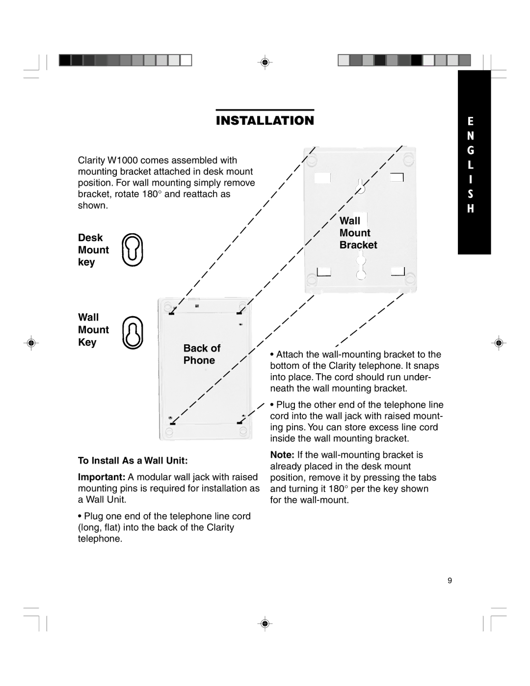 Clarity TELEPHONE W1000 manual Desk Mount key Wall Key Back Phone, Wall Mount Bracket, To Install As a Wall Unit 