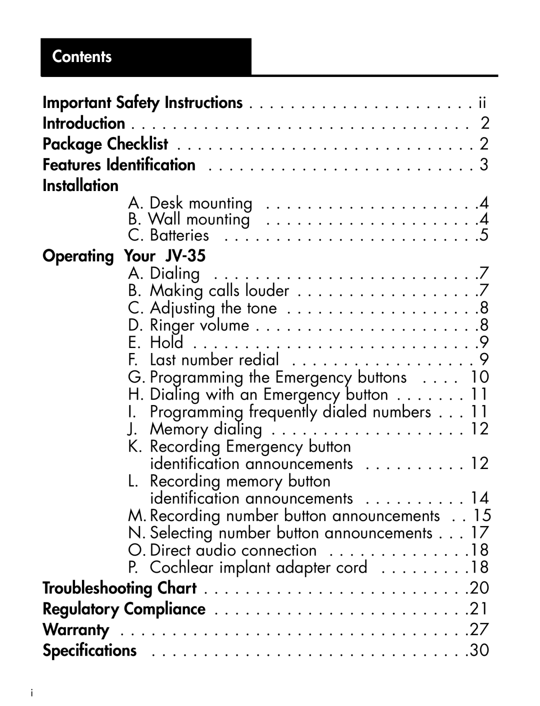 Clarity Telephone manual Contents 