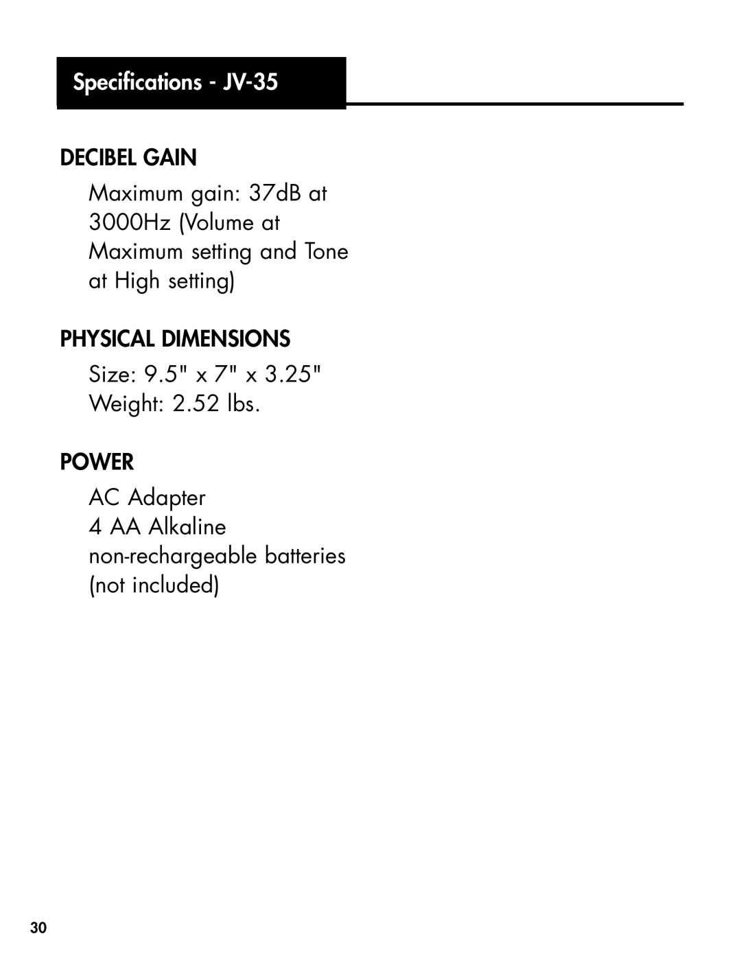 Clarity Telephone manual Specifications JV-35 