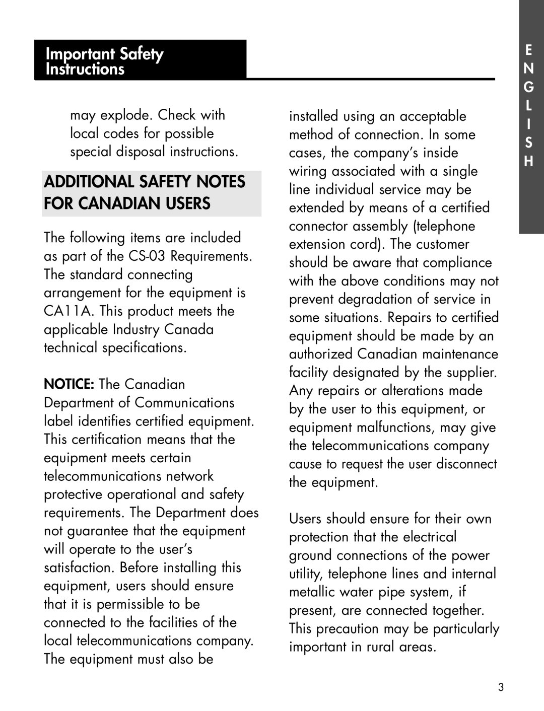 Clarity Telephone manual Additional Safety Notes for Canadian Users 