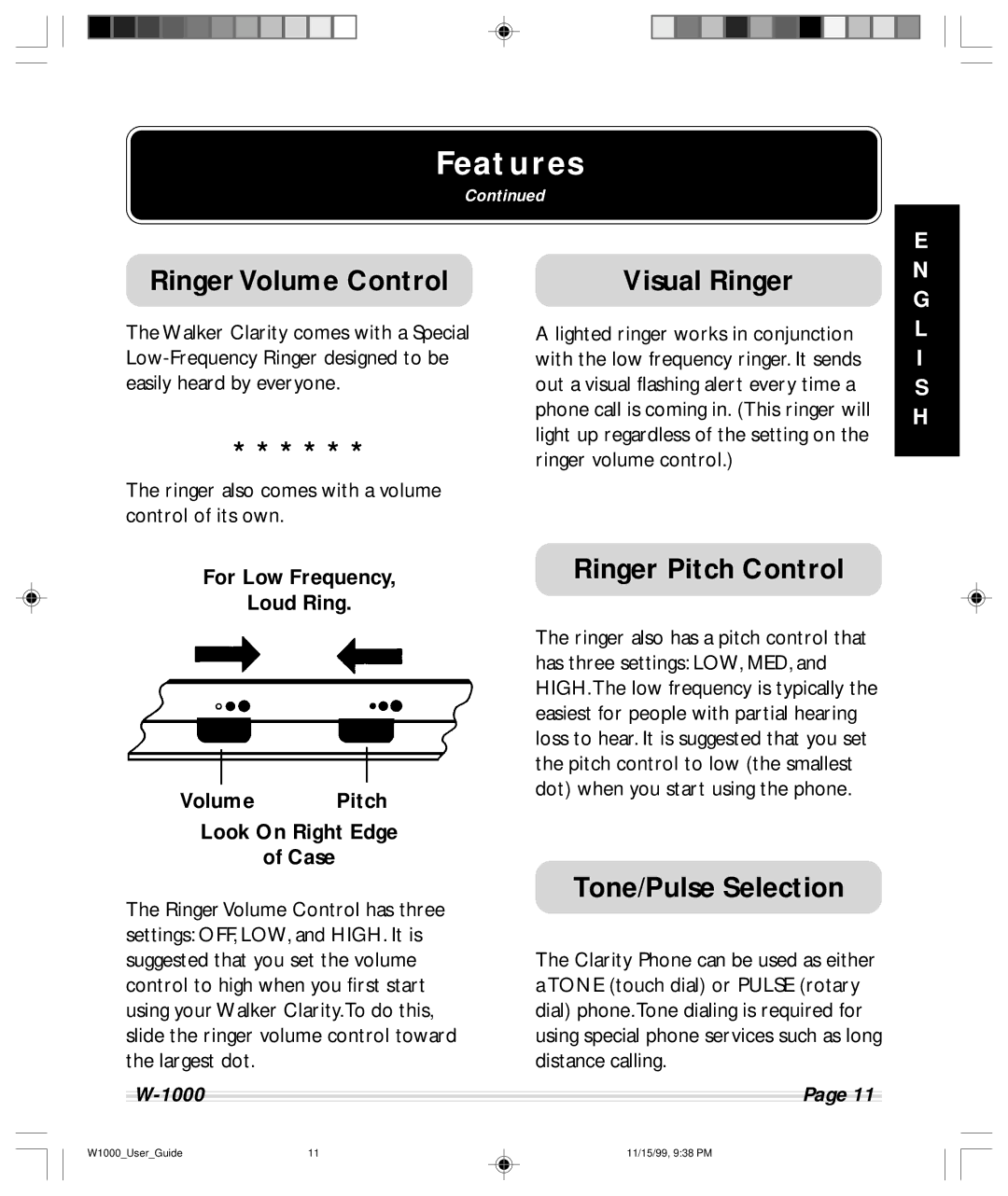 Clarity W-1000 manual Ringer Volume Control, Visual Ringer, Ringer Pitch Control, Tone/Pulse Selection 