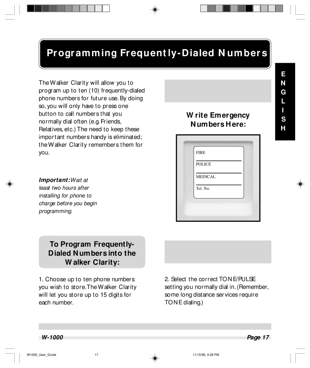 Clarity W-1000 manual Programming Frequently-Dialed Numbers, Write Emergency Numbers Here 