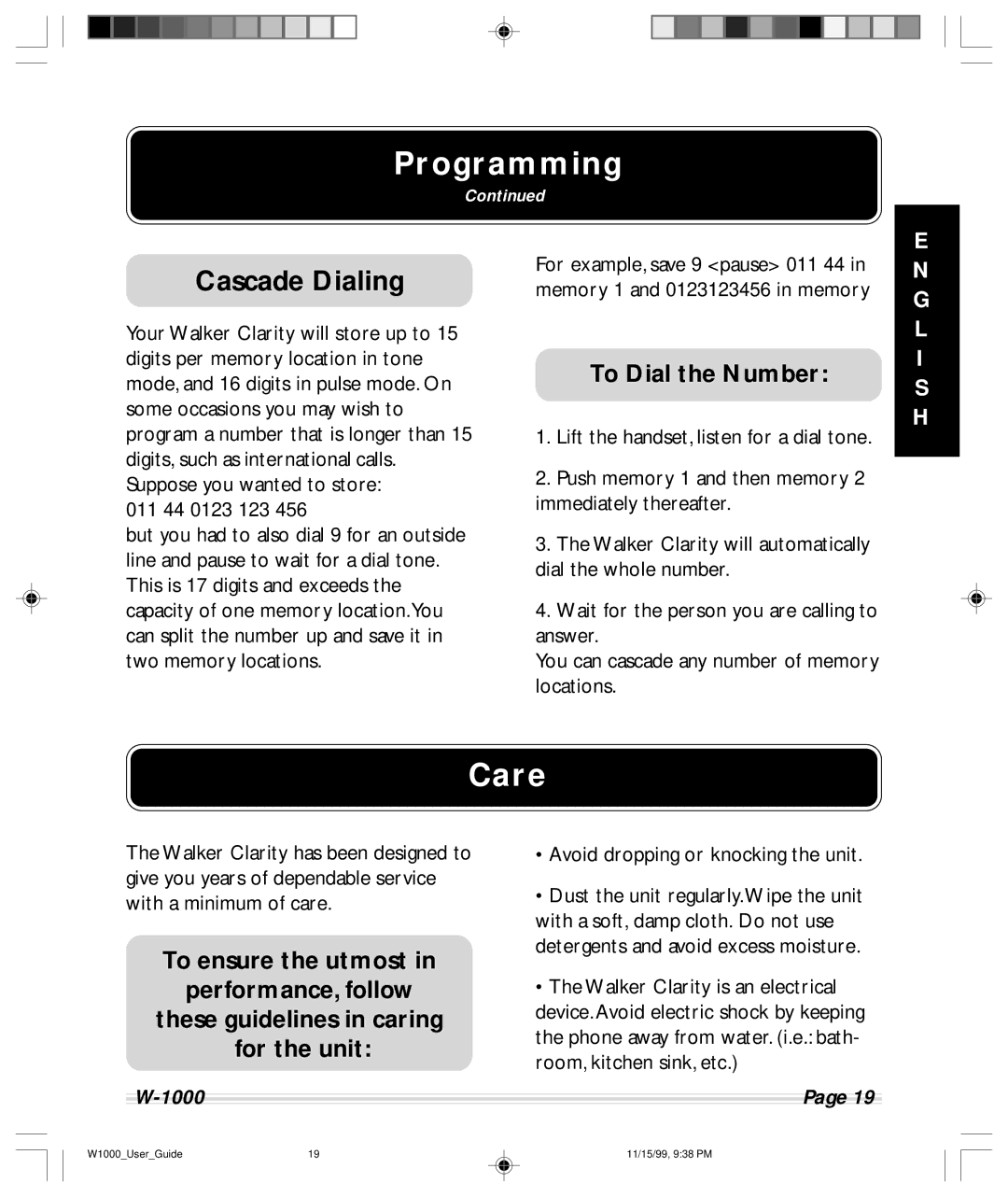 Clarity W-1000 manual Care, Cascade Dialing, To Dial the Number, To ensure the utmost Performance, follow 