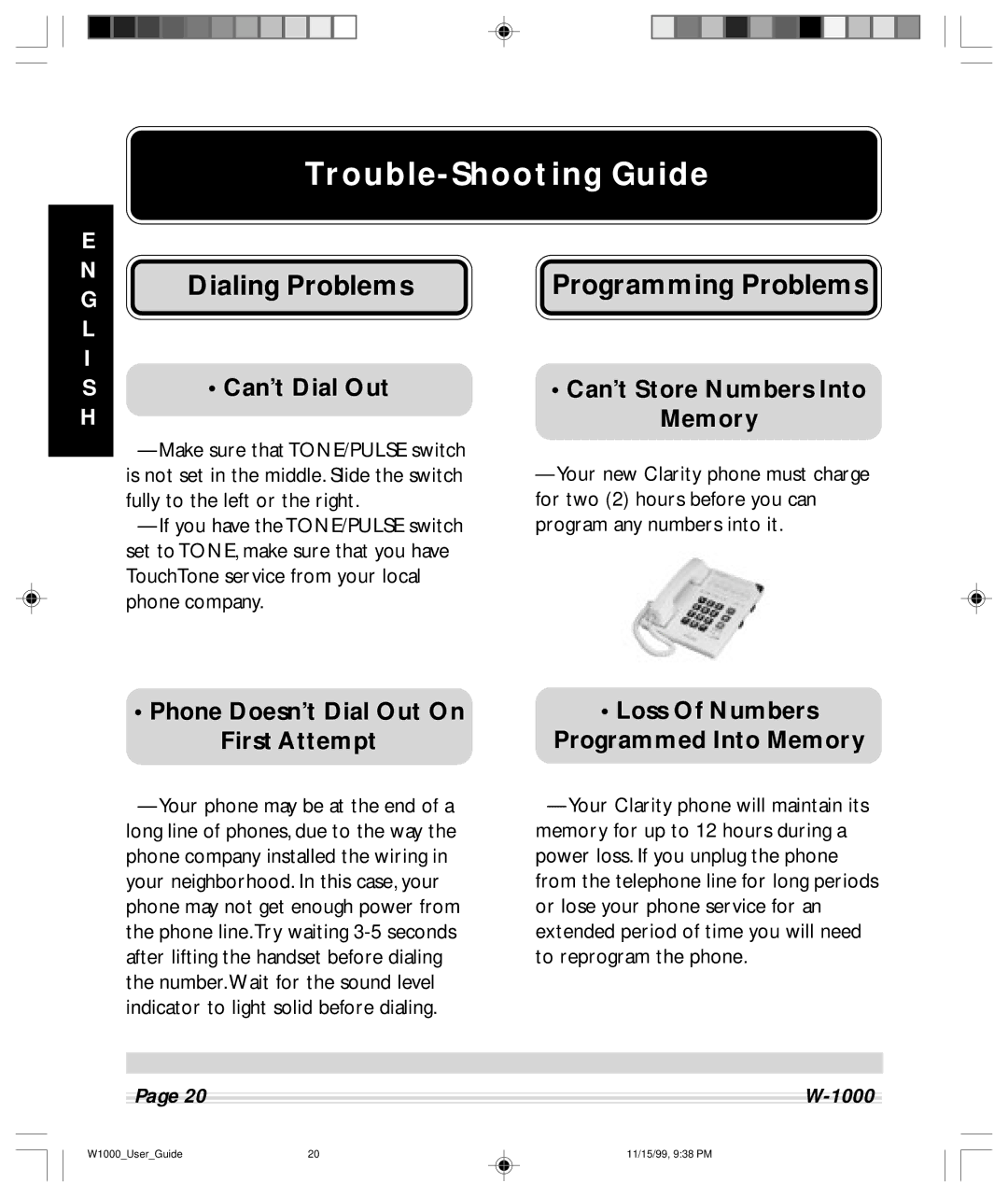 Clarity W-1000 manual Trouble-Shooting Guide, Programming Problems, Can’t Dial Out, Can’t Store Numbers Into Memory 