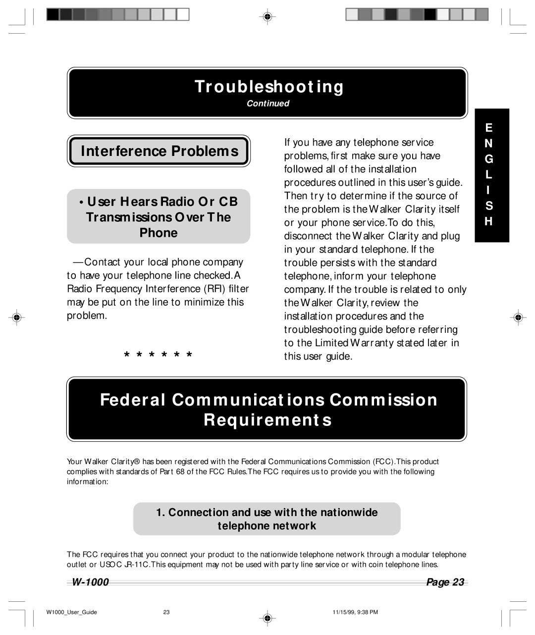 Clarity W-1000 manual Federal Communications Commission Requirements, Interference Problems 