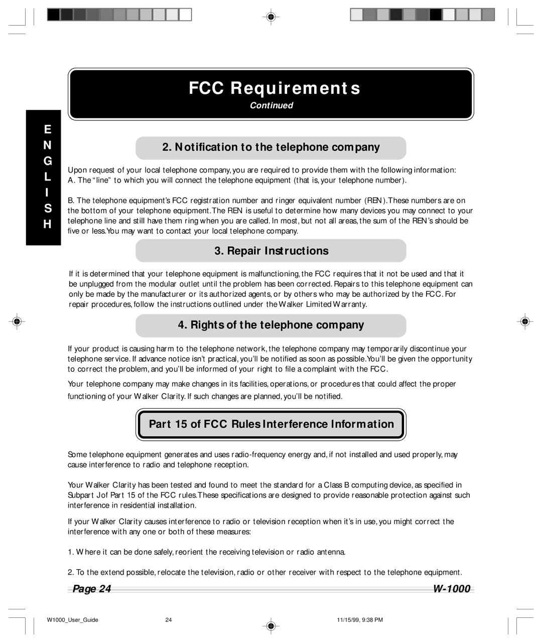 Clarity W-1000 FCC Requirements, Notification to the telephone company, Part 15 of FCC Rules Interference Information 