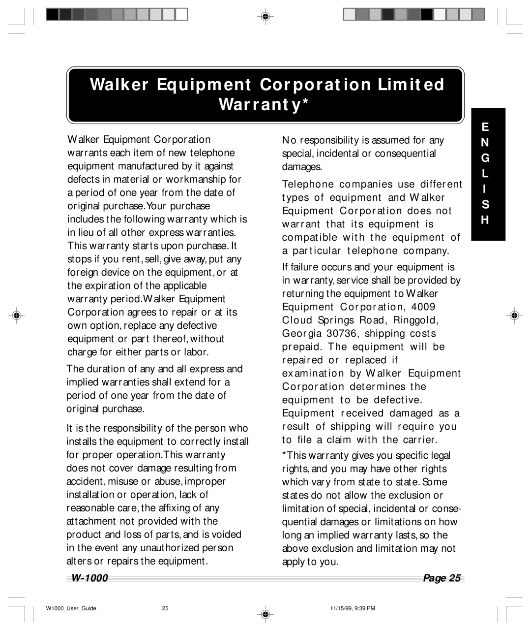 Clarity W-1000 manual Walker Equipment Corporation Limited Warranty 