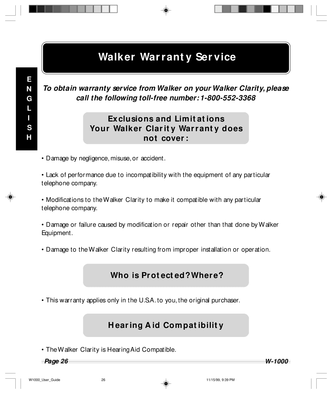 Clarity W-1000 manual Walker Warranty Service, Who is Protected? Where?, Hearing Aid Compatibility 