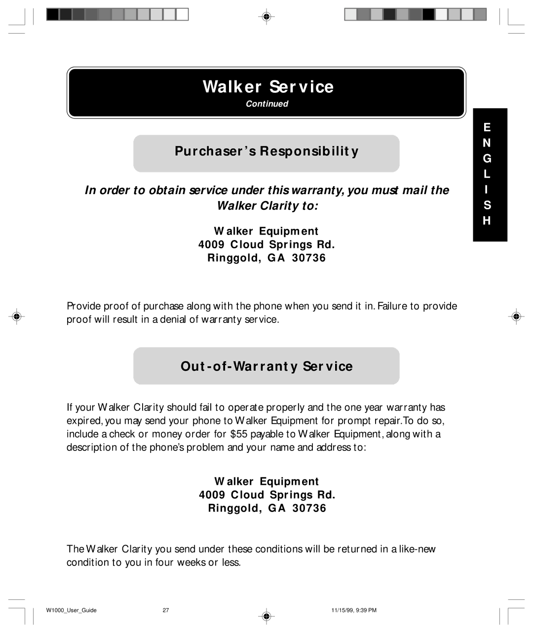 Clarity W-1000 manual Walker Service, Out-of-Warranty Service, Walker Equipment Cloud Springs Rd Ringgold, GA 