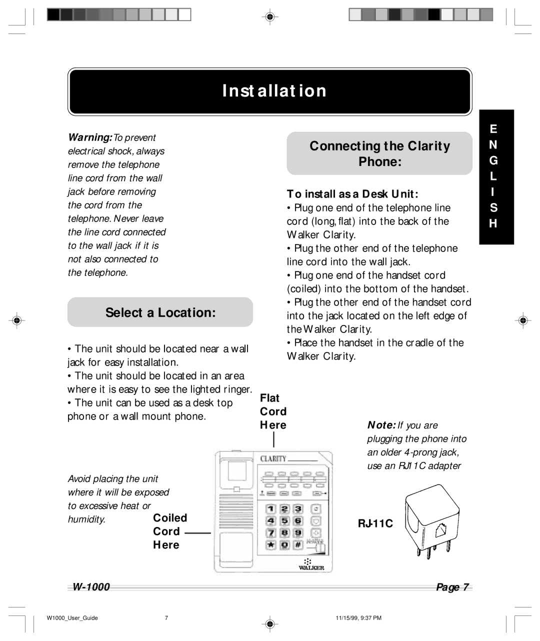 Clarity W-1000 manual Installation, Select a Location, Connecting the Clarity Phone 