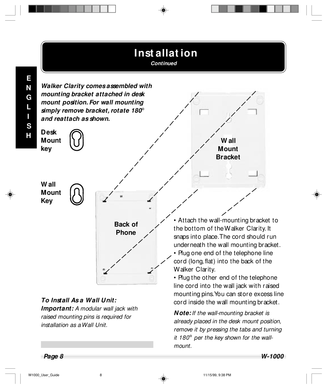 Clarity W-1000 manual Desk Mount Key Wall Mount Key Back Phone, Wall Mount Bracket 