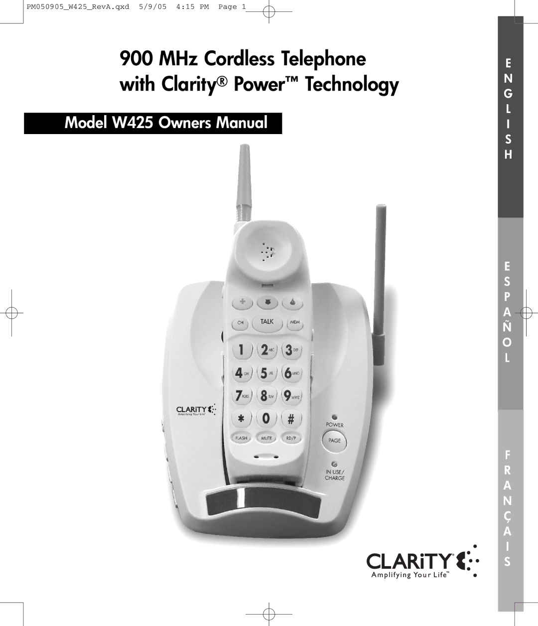 Clarity W425 owner manual MHz Cordless Telephone with Clarity Power Technology 