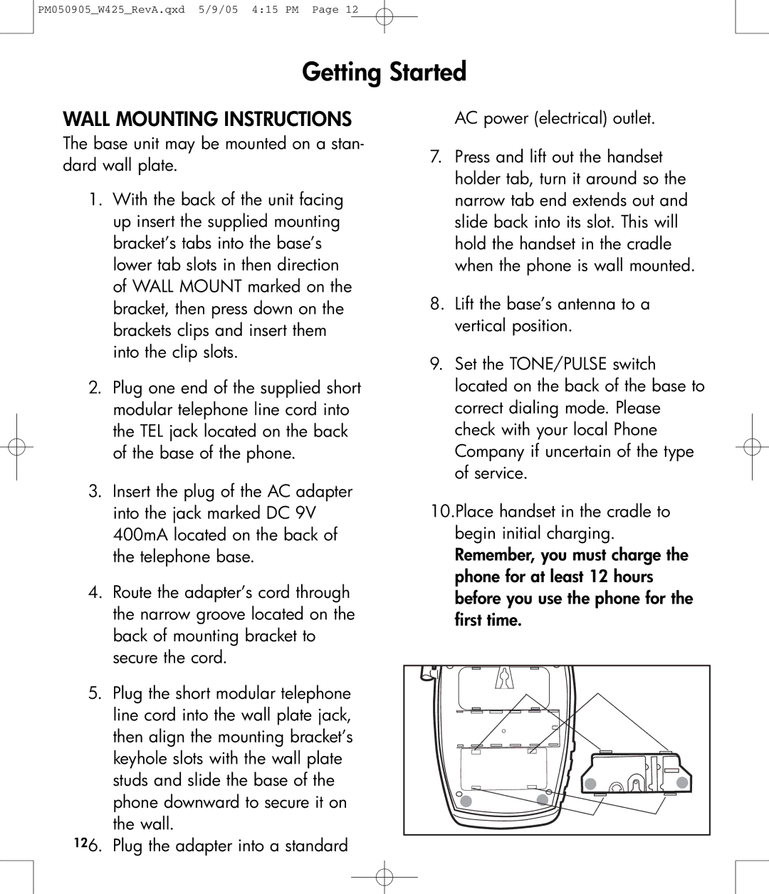 Clarity W425 owner manual Wall Mounting Instructions, AC power electrical outlet 