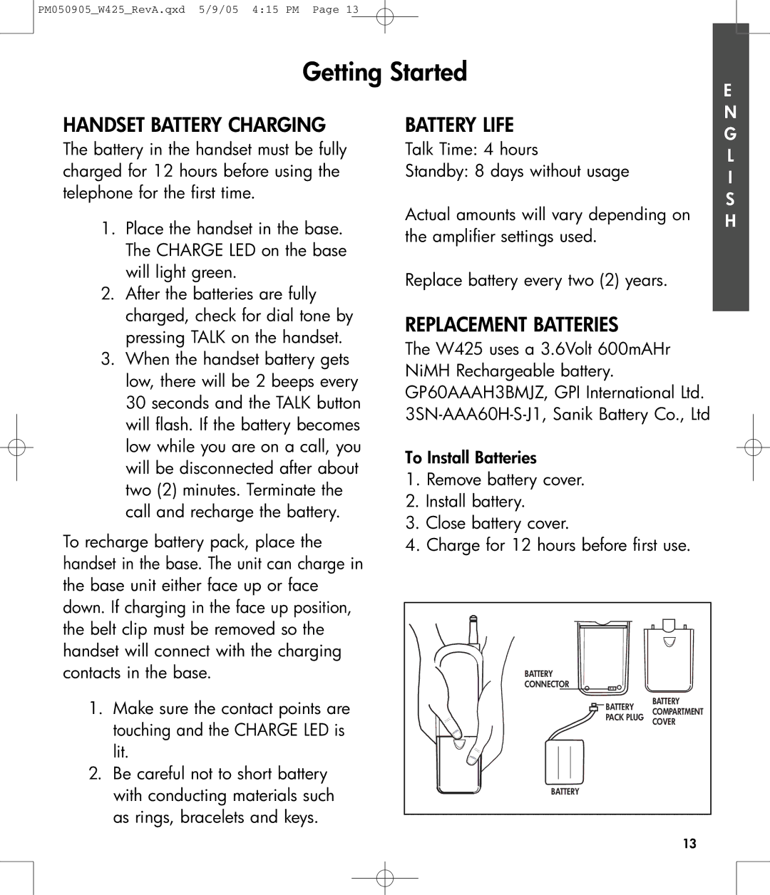 Clarity W425 owner manual Handset Battery Charging, Battery Life, Replacement Batteries 