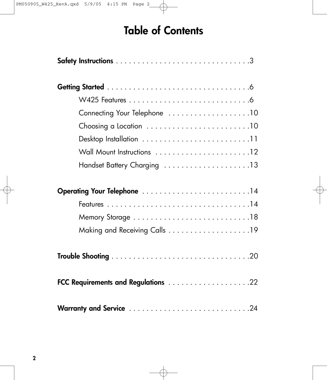 Clarity W425 owner manual Table of Contents 