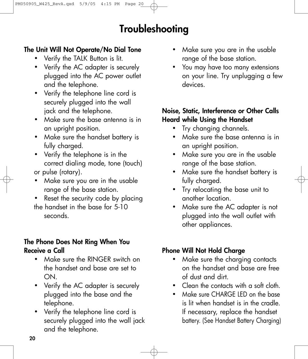 Clarity W425 owner manual Troubleshooting 