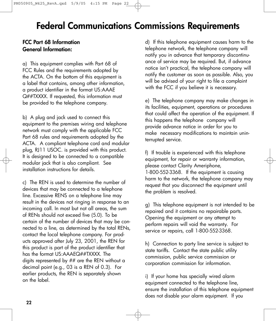 Clarity W425 owner manual Federal Communications Commissions Requirements, FCC Part 68 Information General Information 