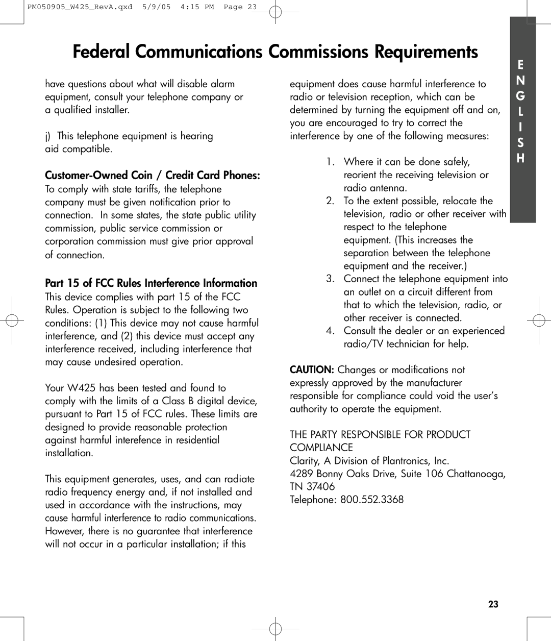 Clarity W425 owner manual Customer-Owned Coin / Credit Card Phones, Part 15 of FCC Rules Interference Information 