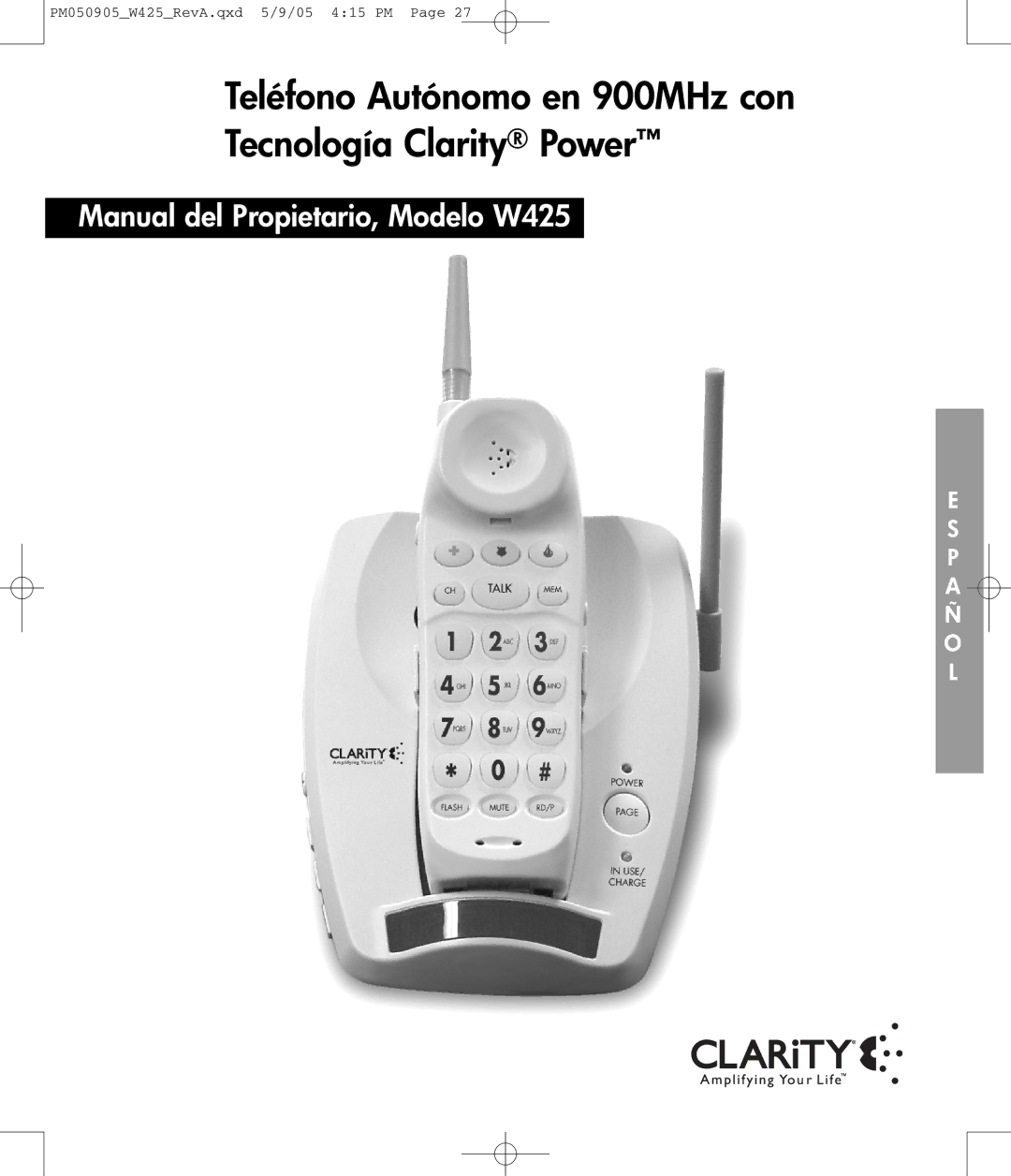 Clarity W425 owner manual Teléfono Autónomo en 900MHz con Tecnología Clarity Power 