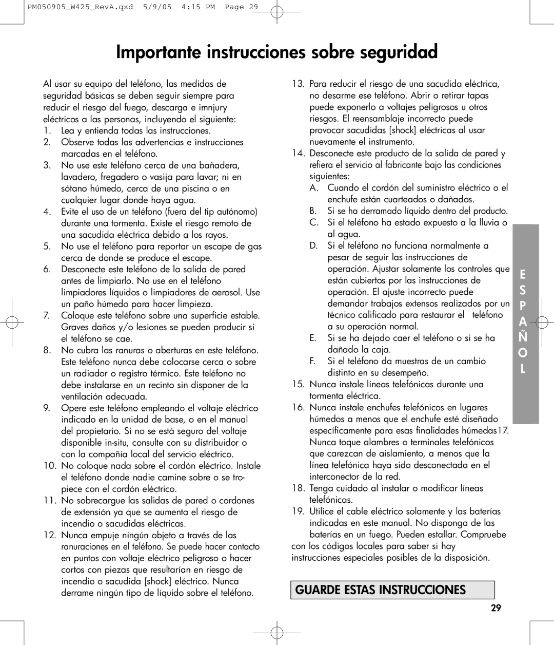 Clarity W425 owner manual Importante instrucciones sobre seguridad 