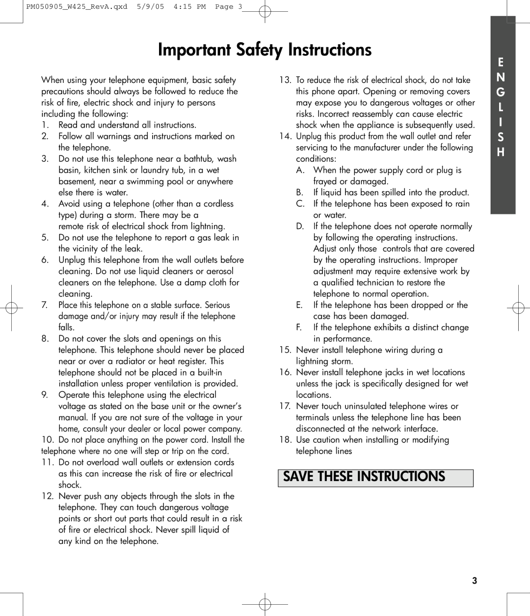 Clarity W425 owner manual Important Safety Instructions 