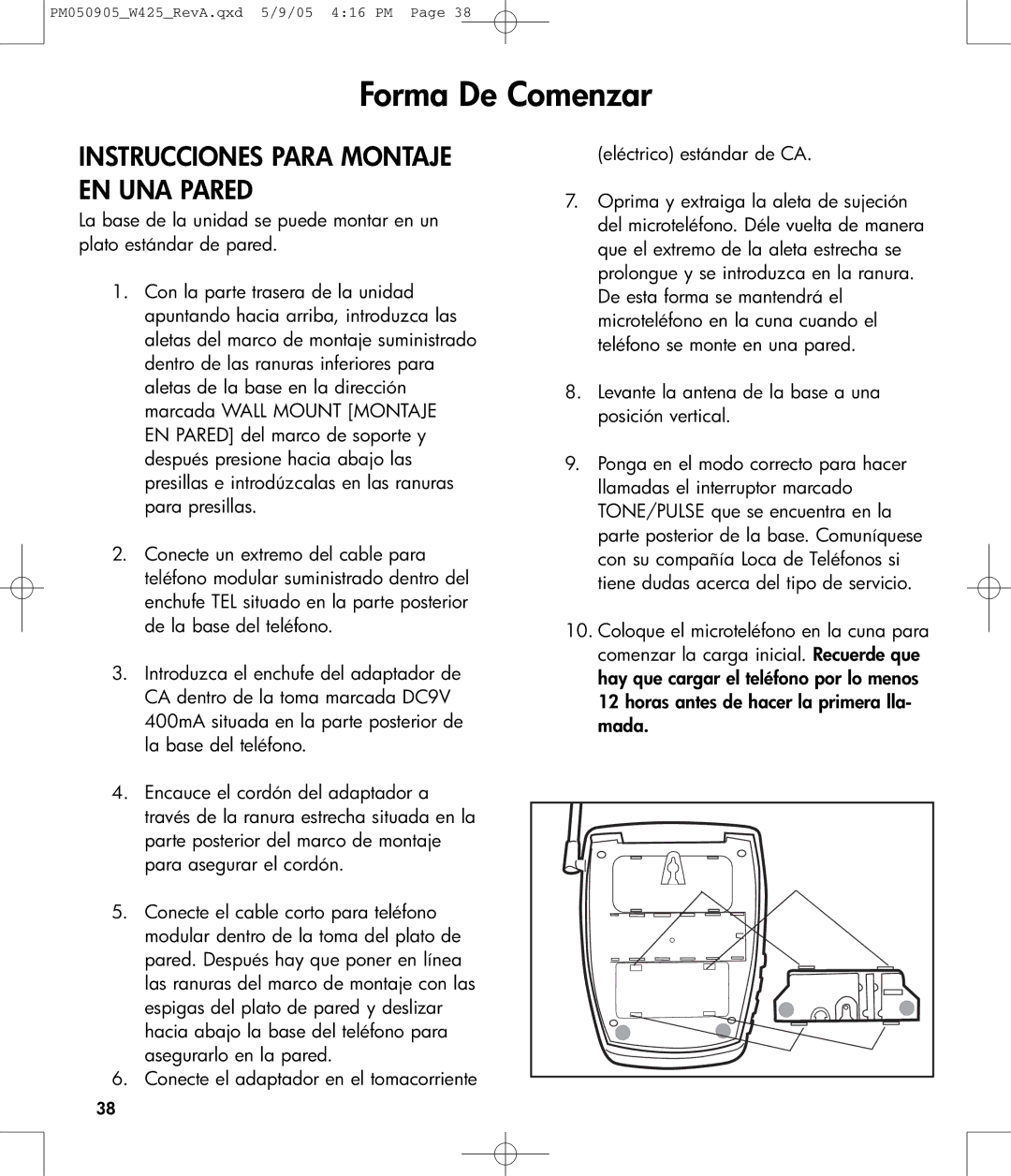 Clarity W425 owner manual Instrucciones Para Montaje EN UNA Pared 