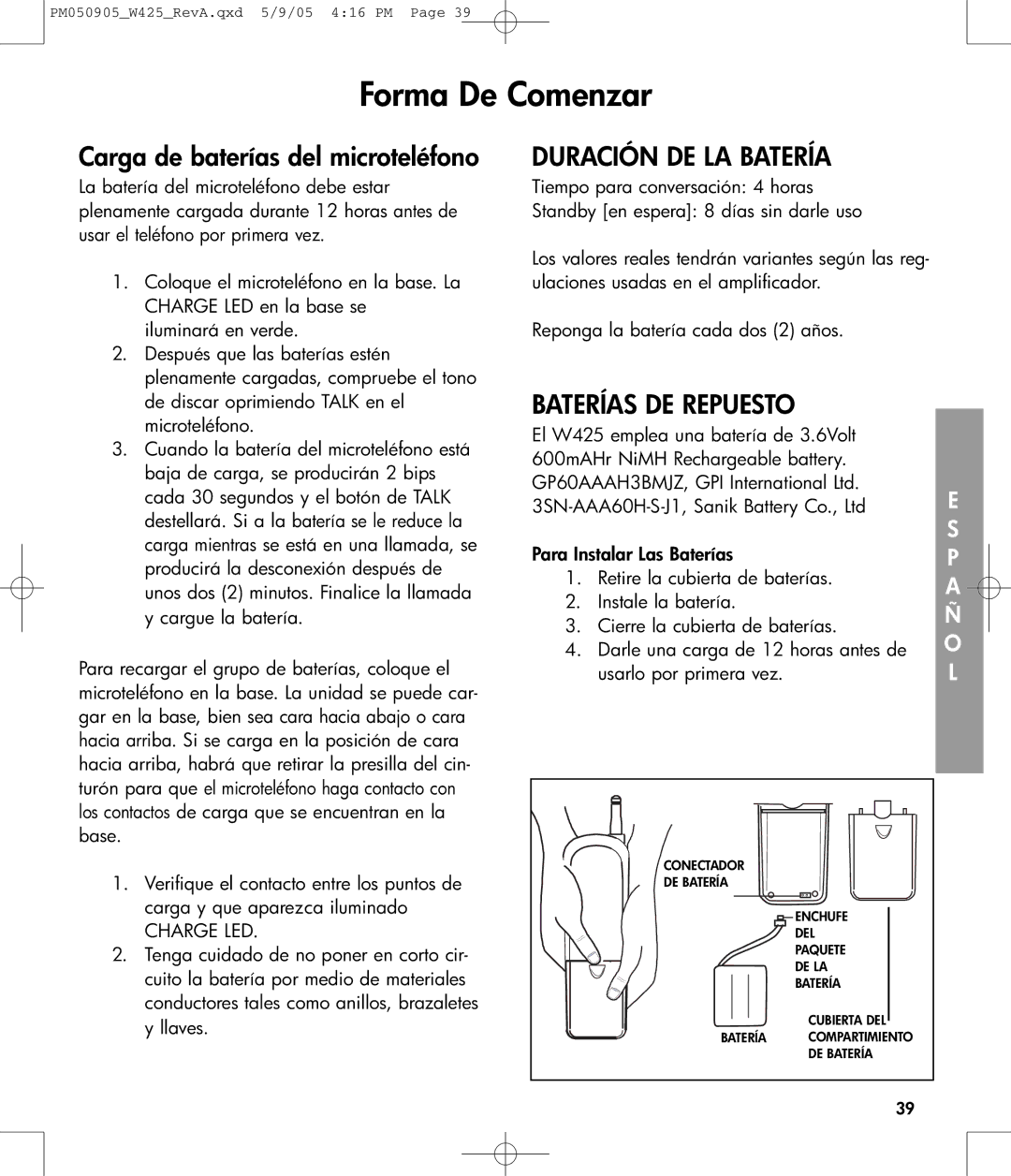 Clarity W425 owner manual Duración DE LA Batería, Baterías DE Repuesto 