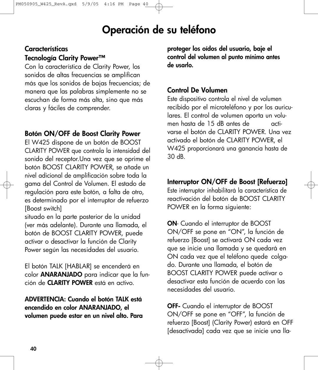 Clarity W425 Operación de su teléfono, Características Tecnología Clarity Power, Botón ON/OFF de Boost Clarity Power 