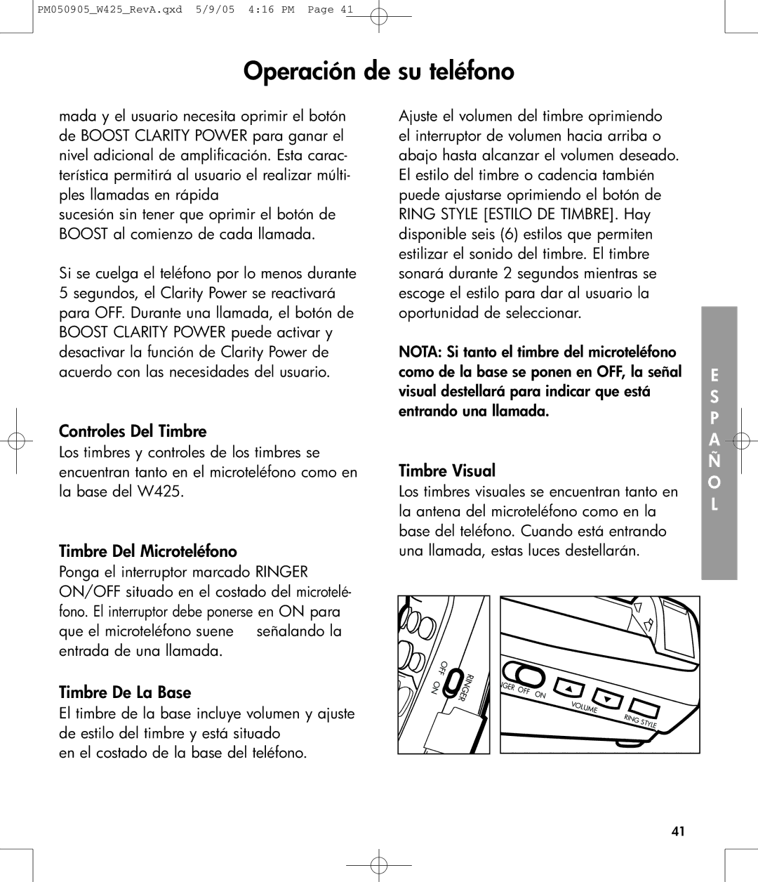 Clarity W425 owner manual Controles Del Timbre, Timbre Del Microteléfono, Timbre De La Base, Timbre Visual 