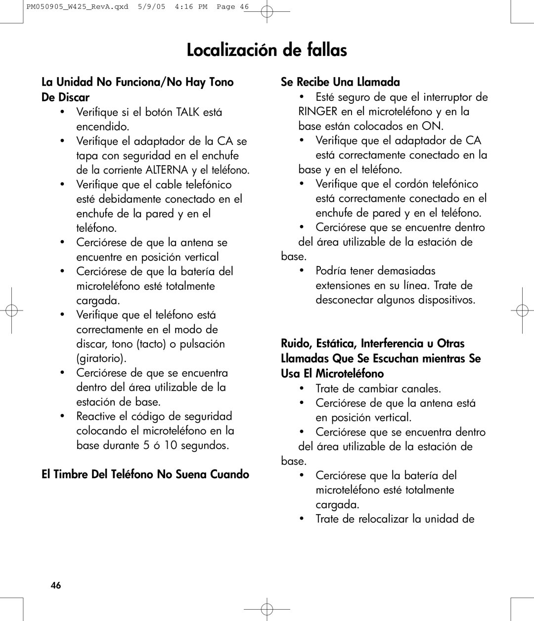 Clarity W425 owner manual Localización de fallas, La Unidad No Funciona/No Hay Tono De Discar 