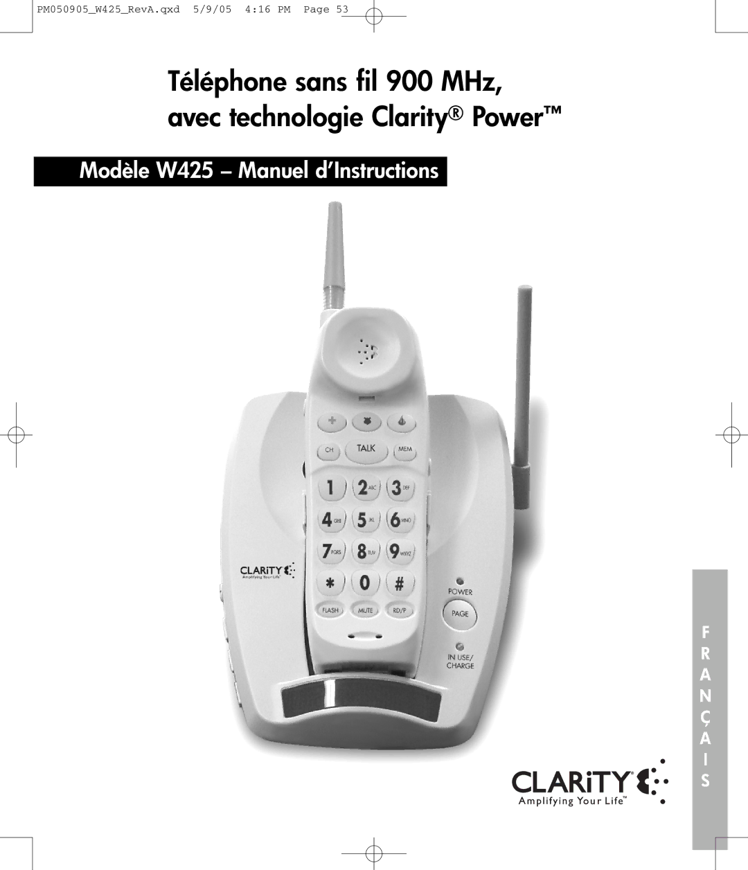 Clarity W425 owner manual Téléphone sans fil 900 MHz, avec technologie Clarity Power 