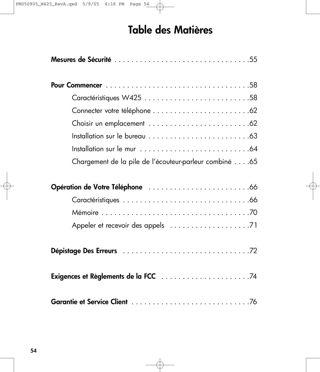 Clarity W425 owner manual Table des Matières 